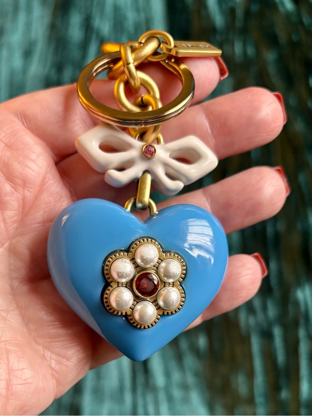 Coach Blue Heart Pearl Flower Key Chain Bag Charm with Bow